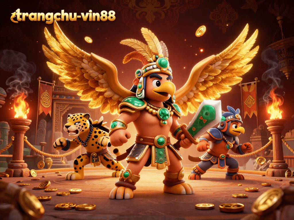 Engage in thrilling games at trangchu-vin88 with an Aztec warrior and vibrant casino elements.