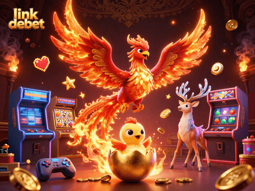 Experience the thrill of link debet gaming with a phoenix and mystical stag surrounded by vibrant slot elements.
