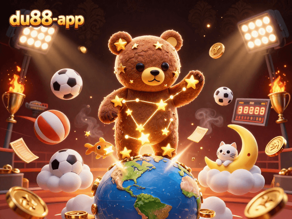 Bet on exciting games with du88-app as the constellation bear collects coins, amidst vibrant sports elements.