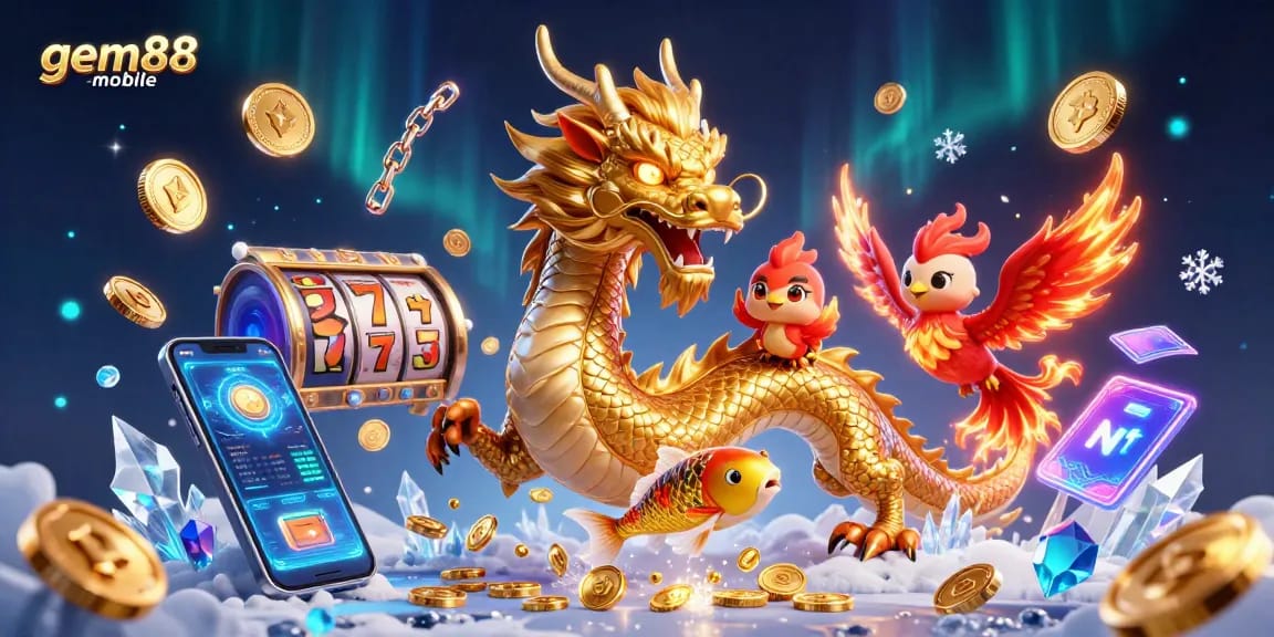 Experience winning with gem88-mobile, showcasing a dynamic 3D casino scene with legendary creatures and vibrant game elements.