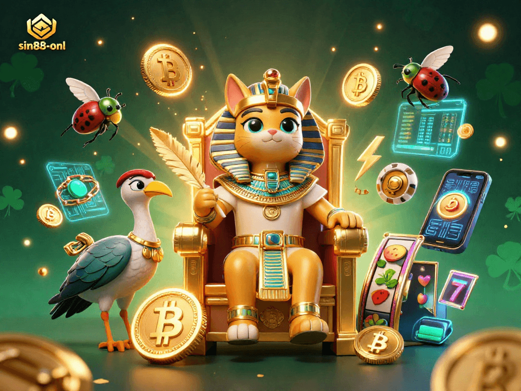 Join the thrilling action at sin88-onl as an Egyptian pharaoh cat reigns over a vibrant casino landscape.