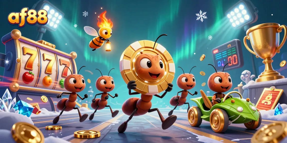 Engage in thrilling slot gaming with af88 and oversized golden poker chips highlighted in this vibrant 3D scene.