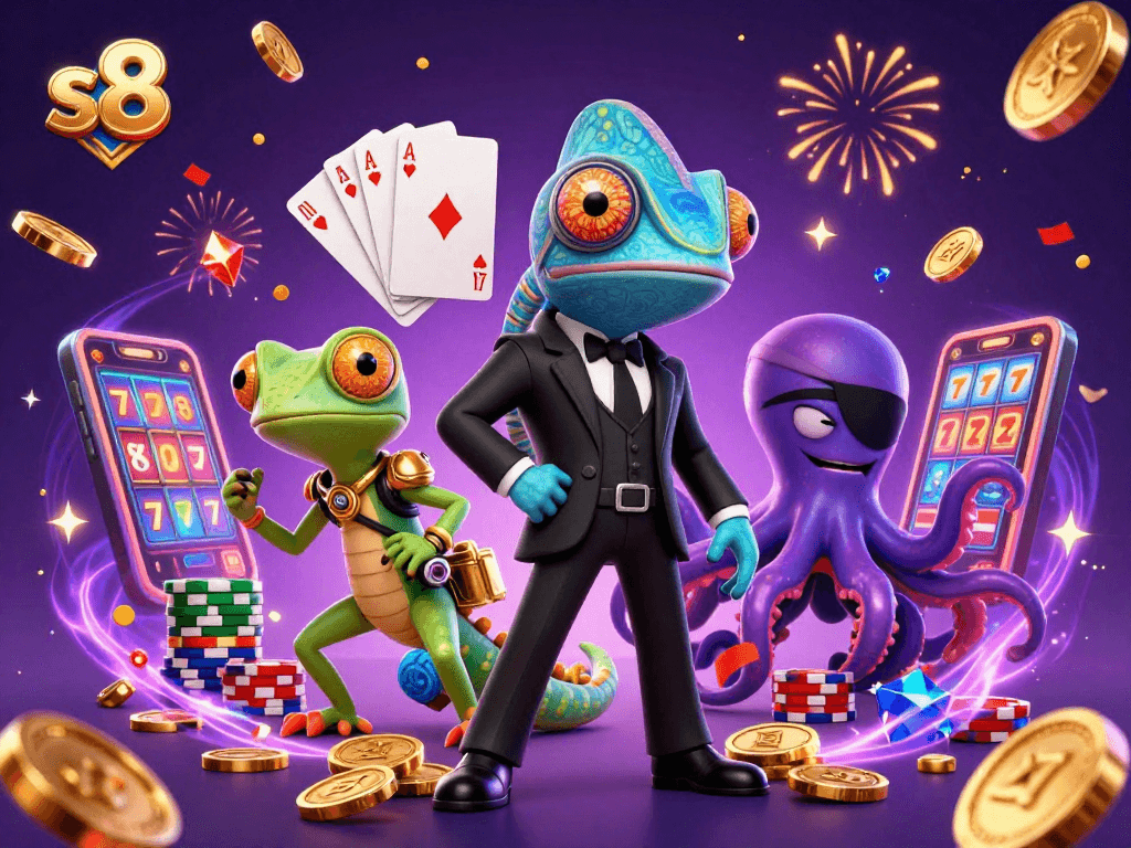 S8's vibrant digital casino scene showcases the excitement with dazzling coins and a magical atmosphere.