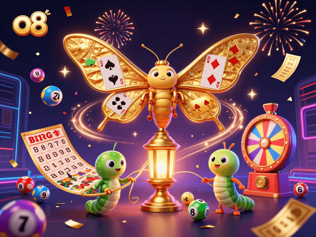 Experience thrilling wins with O8's vibrant casino scene featuring lottery balls and game elements.