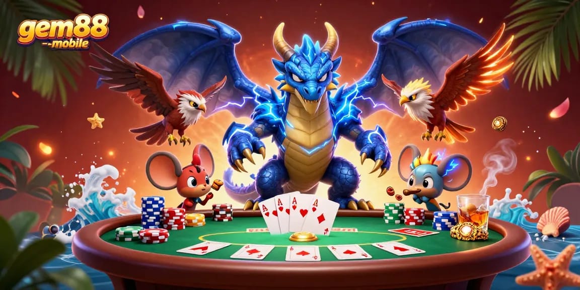 Experience the excitement of gem88-mobile poker with a thunder dragon, wind hawk, and dynamic casino elements.