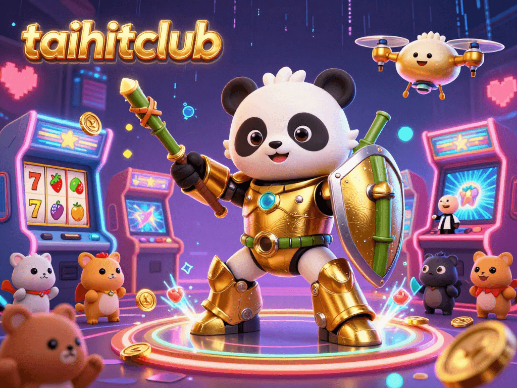 Engage with taihitclub's vibrant casino atmosphere as a golden panda battles in a dynamic arcade-filled arena.
