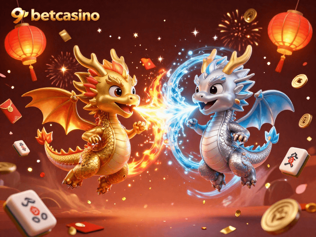 Experience thrilling adventures at 9betcasino with twin dragons and vibrant festive elements