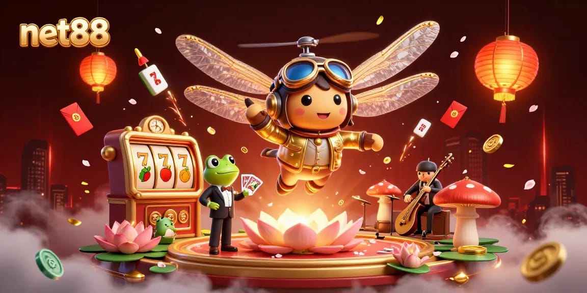 Engage with net88's slots and casino action in this lively 3D illustration featuring vibrant characters.