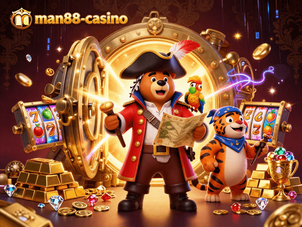 Experience thrilling slots adventure at man88-casino with pirate-themed gaming treasures and vibrant characters.