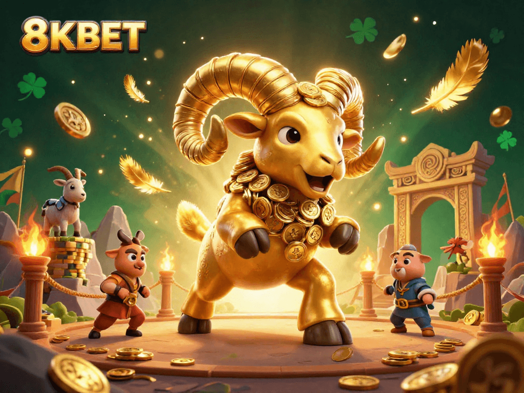 Play thrilling games at 8KBET with golden ram characters amidst a vibrant casino scene.