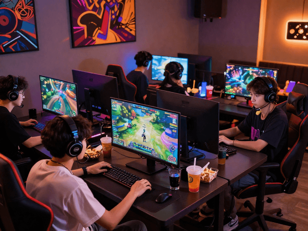 Players enjoying online porn games in a cozy gaming lounge with colorful graphics and snacks.