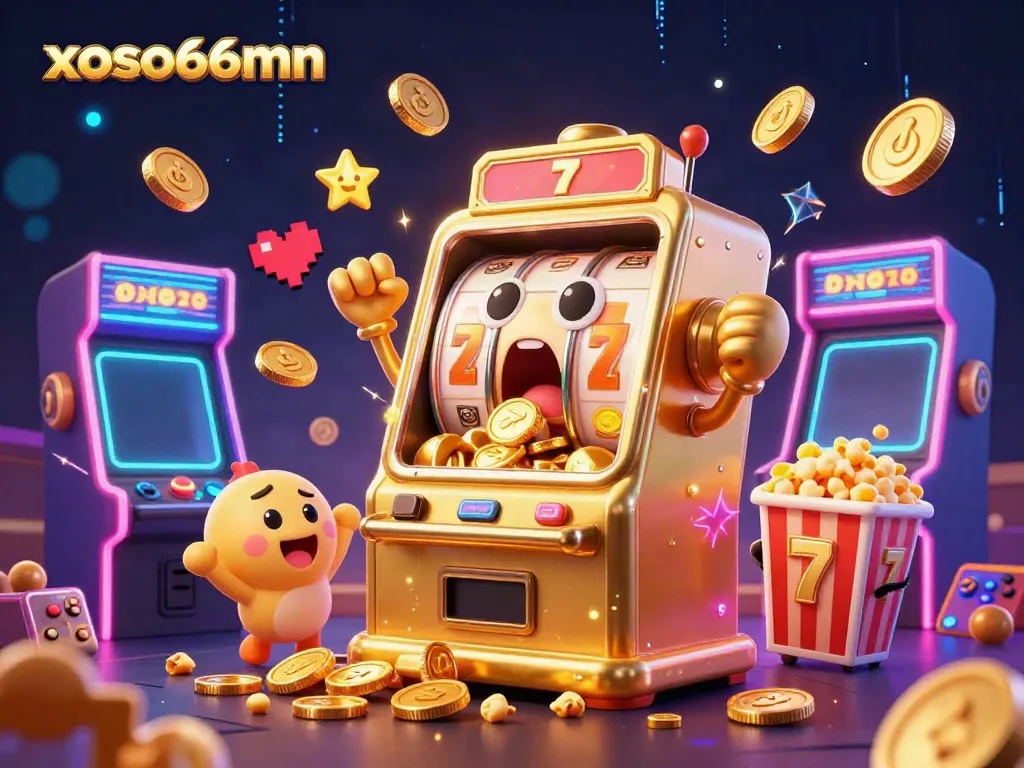 xoso66mn animated scene showcasing a golden slot machine in a jackpot celebration with cheerful baby machines.