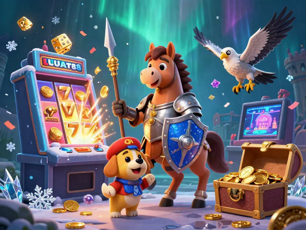 Experience excitement at LUCKY88 with a vibrant casino scene featuring knights, gold, and jackpots.