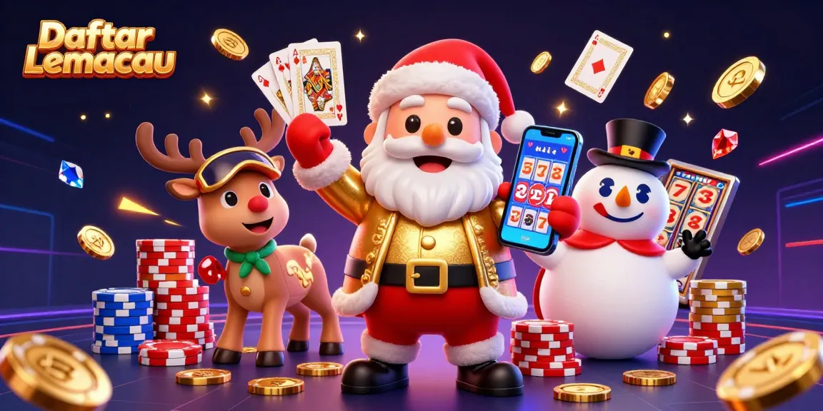 Experience thrilling wins with Daftar Lemacau as Santa, reindeer, and snowman celebrate in a colorful casino.