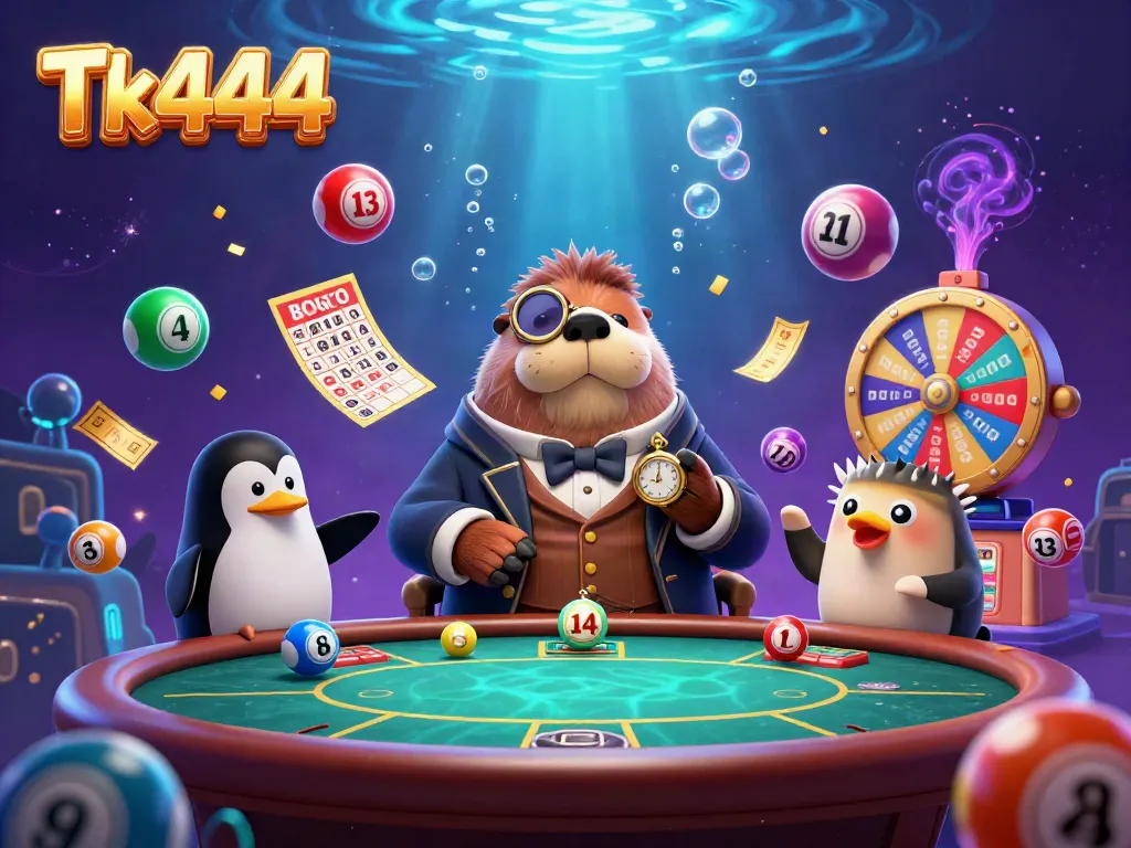 Experience thrilling gaming with Tk444 as a walrus, penguin dealer, and pufferfish play at an underwater poker table.