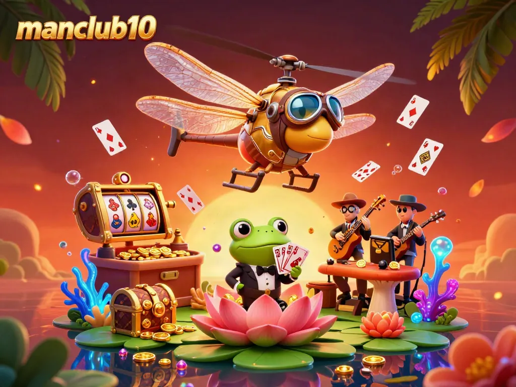 Experience thrilling casino action at manclub10 with a lively dragonfly pilot and frog croupier!