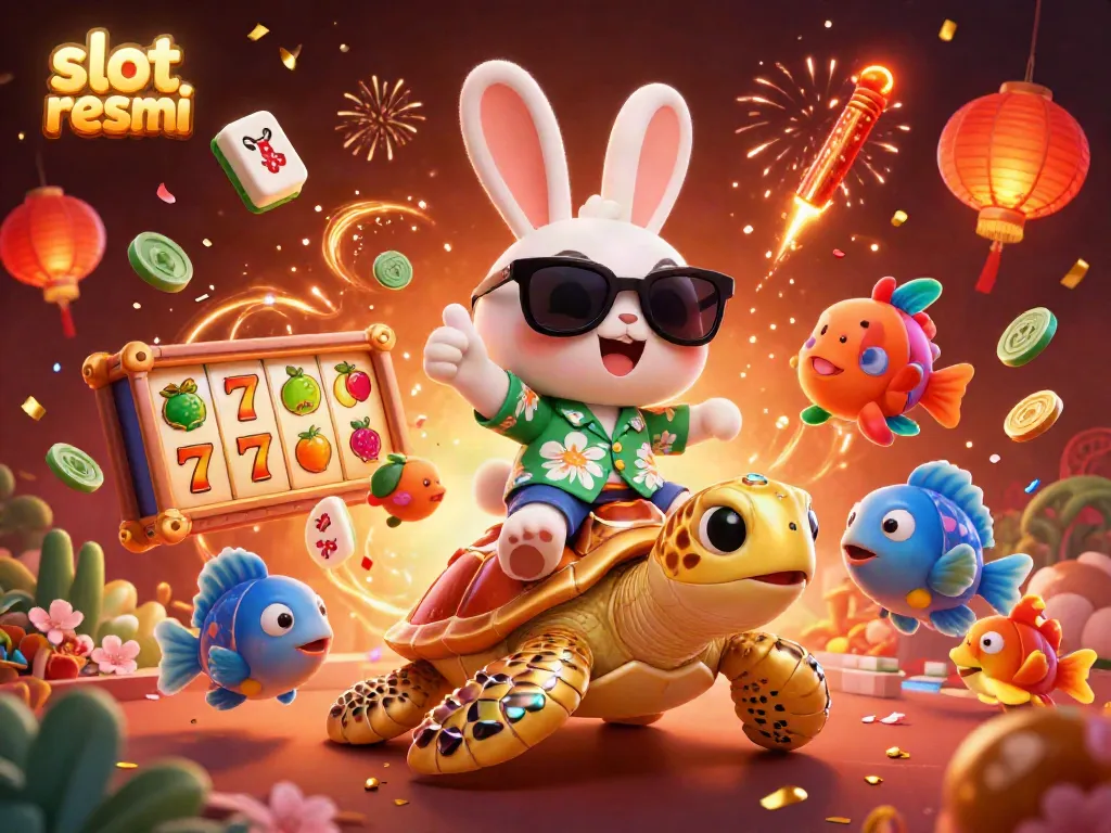 Engage with the vibrant slot resmi world, as a lucky rabbit celebrates on a gem-encrusted turtle amid dynamic game elements.