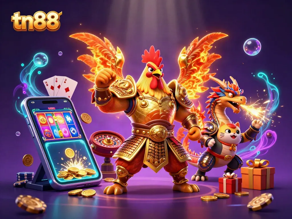 Engage in tn88 gaming excitement with a vibrant scene featuring a fighting rooster warrior and dragon hatchling.