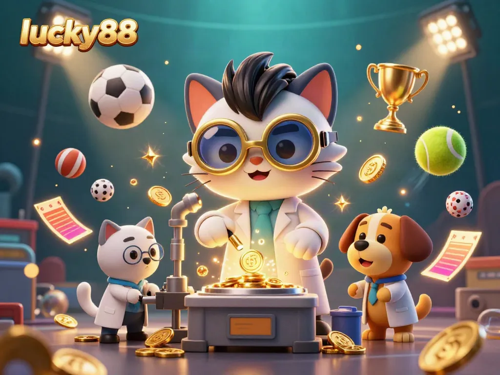 Engage with lucky88 betting fun in a vibrant 3D casino scene filled with gold coins and sports elements.