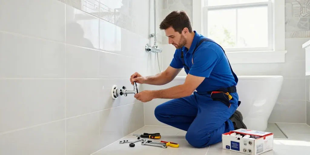 Licensed plumber in Rapid City SD installing plumbing fixtures in a modern bathroom.