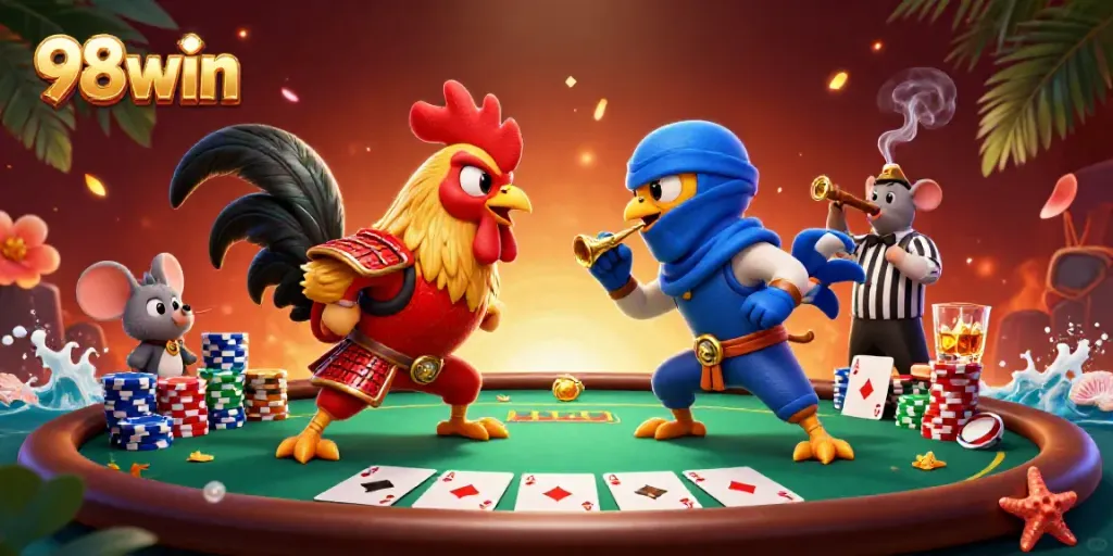 Engage with thrilling 98win action as roosters duel at a lively poker scene, featuring dynamic game elements.