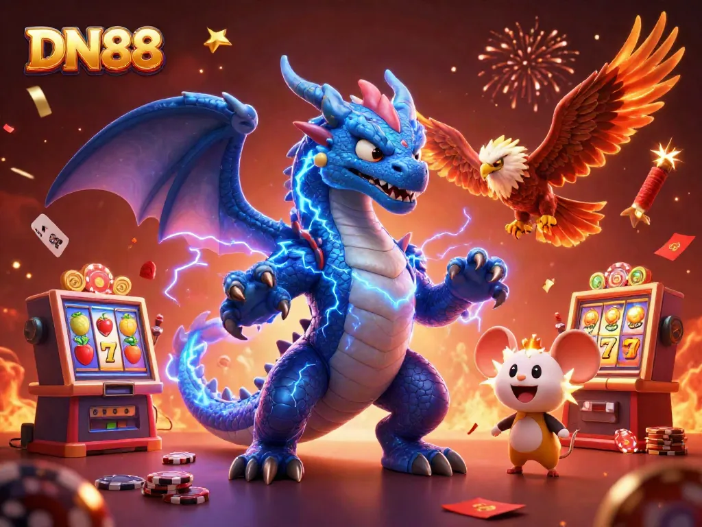 Engage with DN88's vibrant casino promotions, showcasing dynamic characters and thrilling game elements.