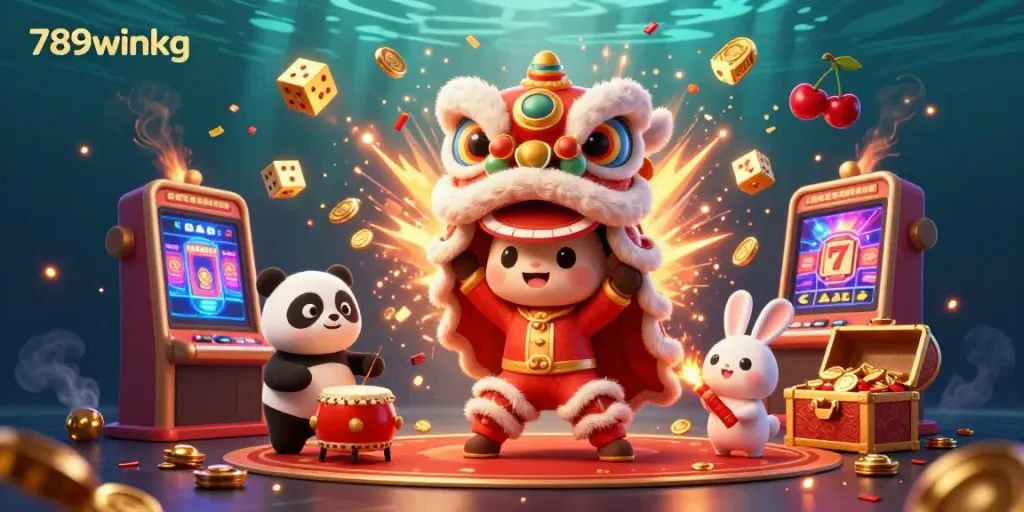 Engage with the vibrant 789winkg scene featuring animated casino elements and festive characters celebrating gaming excitement.