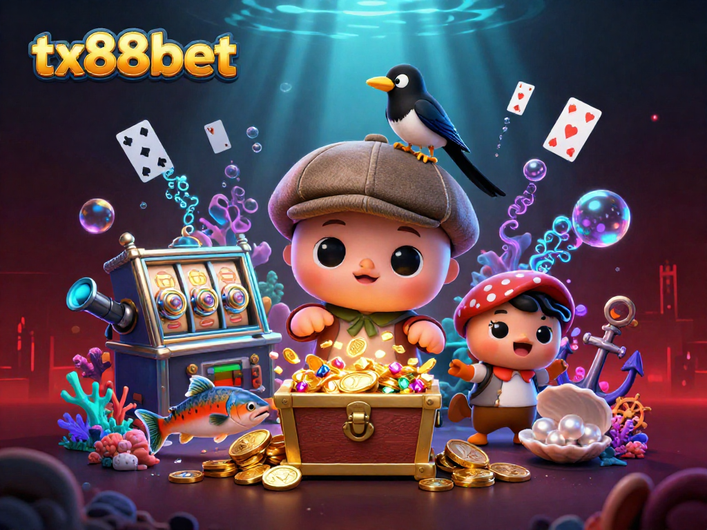 Engage with tx88bet's vibrant gaming scene featuring cartoon Nessie with playful slot reels.