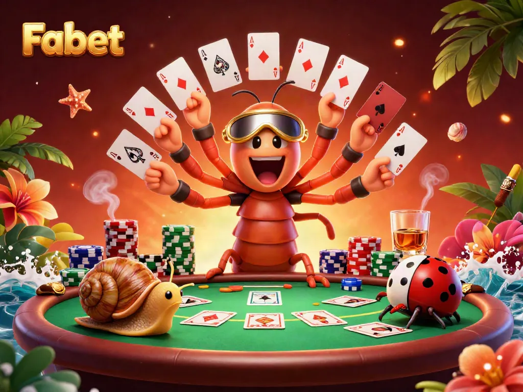 Engage in thrilling poker gameplay at Fabet with colorful chips and playful characters.