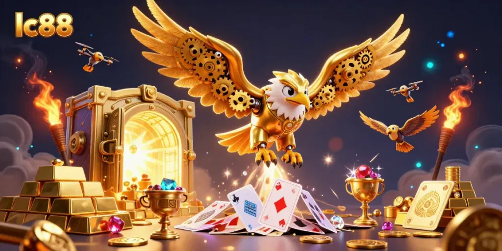Experience thrilling adventures at lc88 with a dynamic 3D illustration of a golden eagle amidst rich gambling elements.