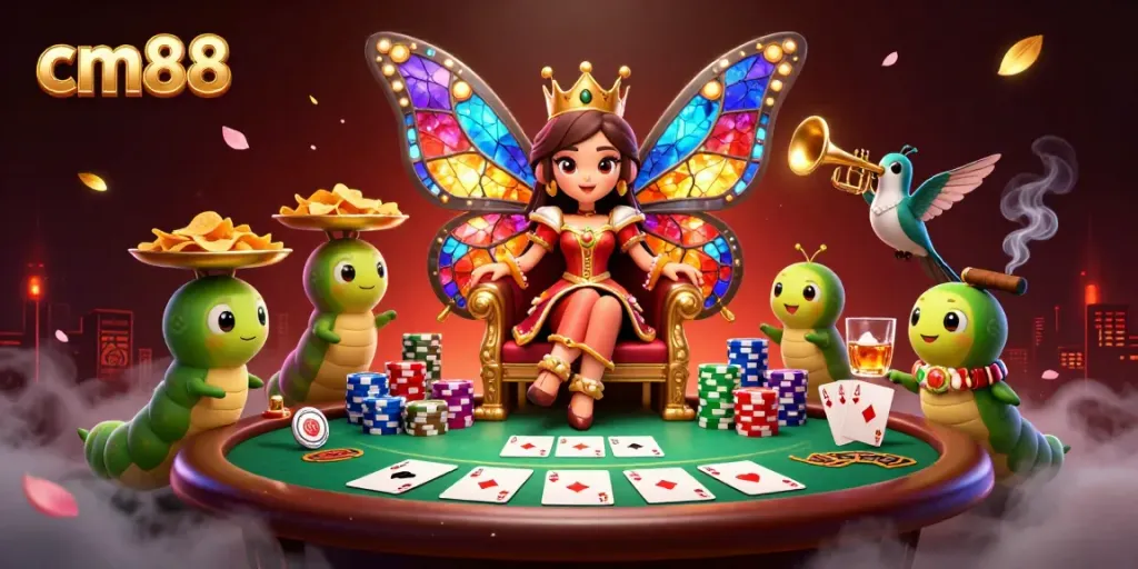 Experience casino excitement with cm88's 3D butterfly queen and poker elements in a vibrant setting