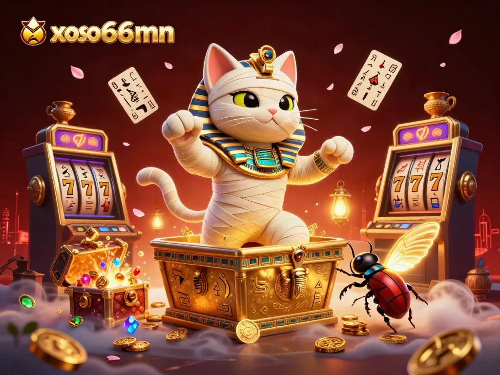 Spin the reels with the xoso66mn mummy cat in a vibrant pyramid casino scene.