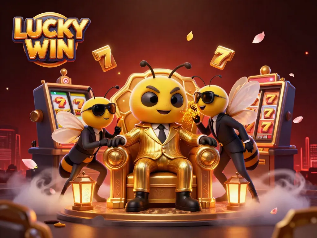 LUCKY WIN - a vibrant 3D cartoon casino scene featuring a bumblebee mob boss and gaming elements