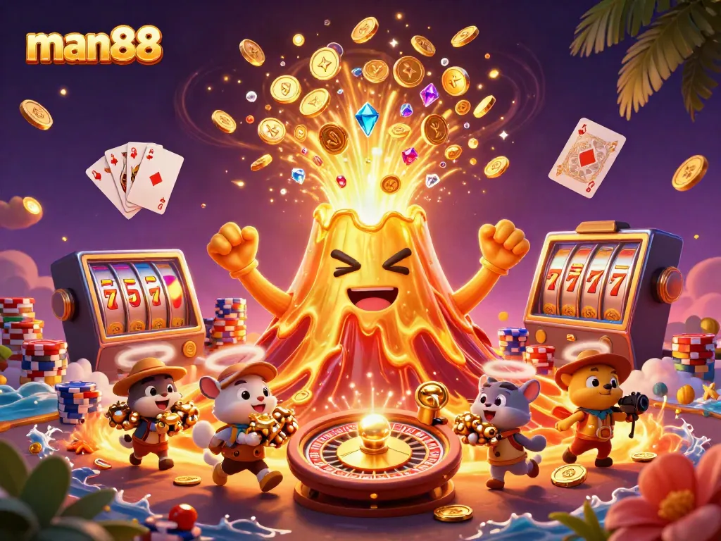 Experience the excitement of man88's gaming world with a dynamic eruption of treasures and casino elements.