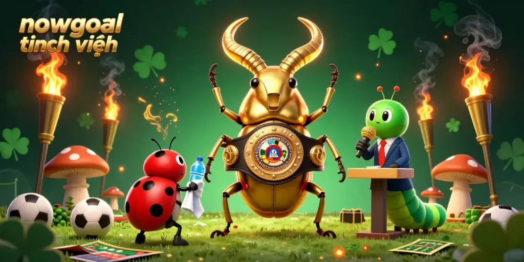 Engage with the thrilling action of nowgoal tiếng việt, featuring a golden stag beetle champion and vibrant sports betting elements.