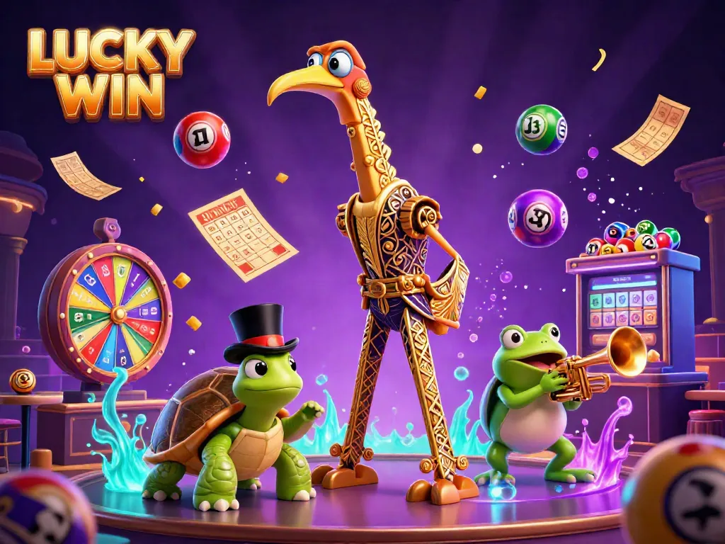 Experience the excitement of LUCKY WIN in this vibrant 3D illustration showcasing a speakeasy scene with colorful lottery elements and animated casino vibes.