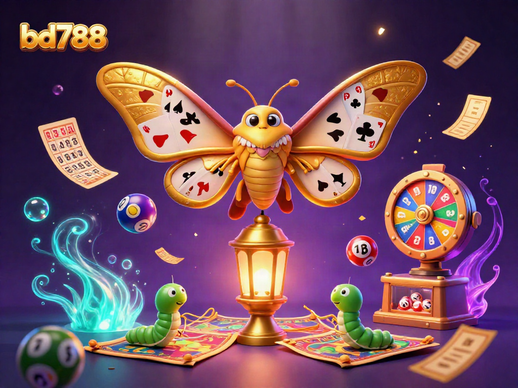 Engage with BD788's vibrant casino scene featuring a golden moth and lively lottery elements.