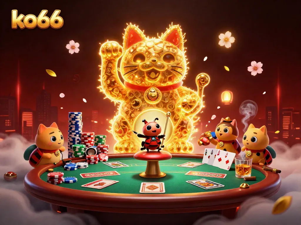 Engage with thrilling ko66 gaming experiences featuring a lucky cat and vibrant casino elements.