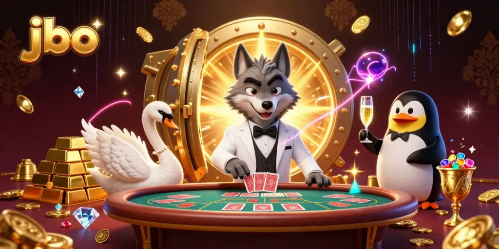 Experience luxury gambling with jbo, featuring a debonair wolf, a graceful swan, and a suave penguin.