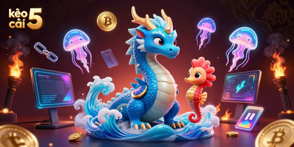 Engage with kèo nhà cái 5 in a vibrant 3D underwater scene featuring a dragon and neon elements.