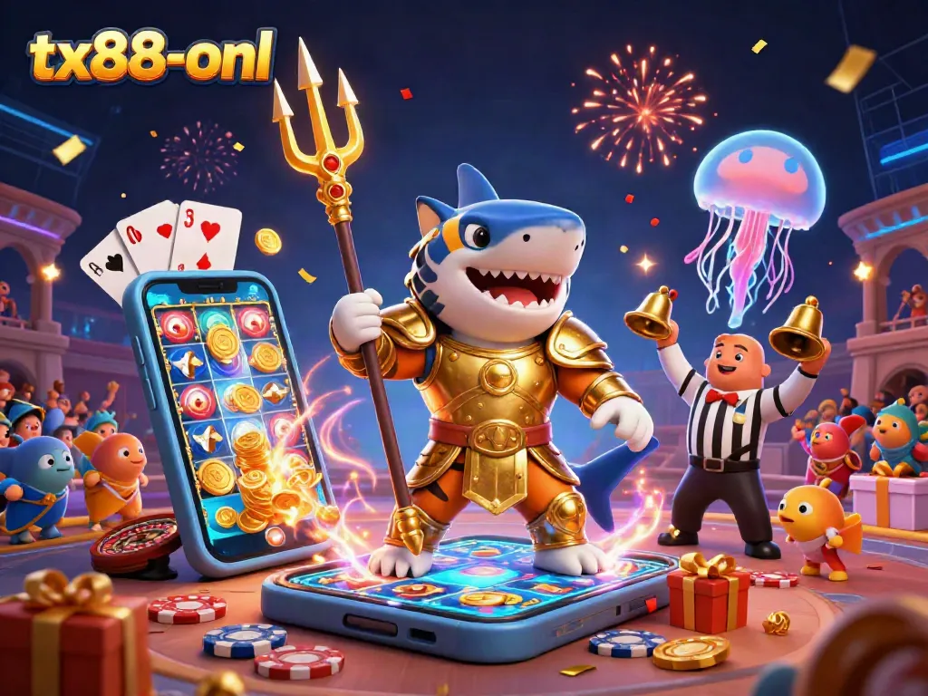 Engage with tx88-onl's vibrant casino adventure featuring a shark in armor, dynamic slot games, and festive elements.