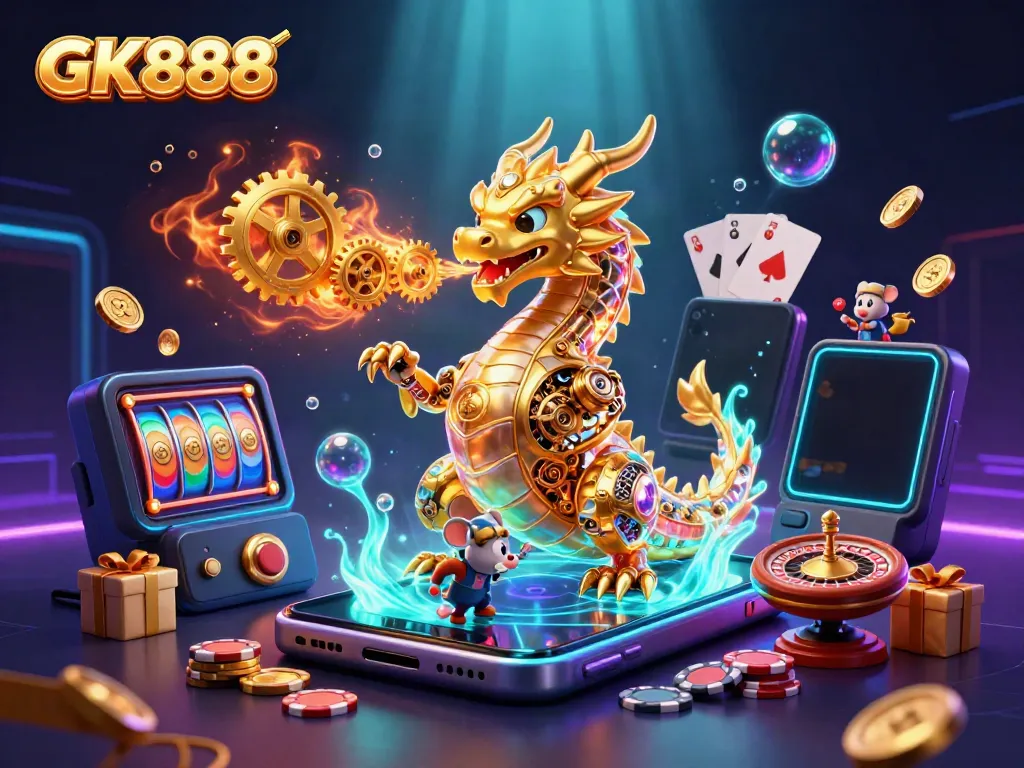 Experience thrilling slots with GK888 in a vibrant 3D casino scene featuring golden dragon.