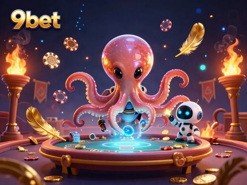 Join the excitement of 9bet with an illustrated alien poker table scene capturing thrilling gameplay.