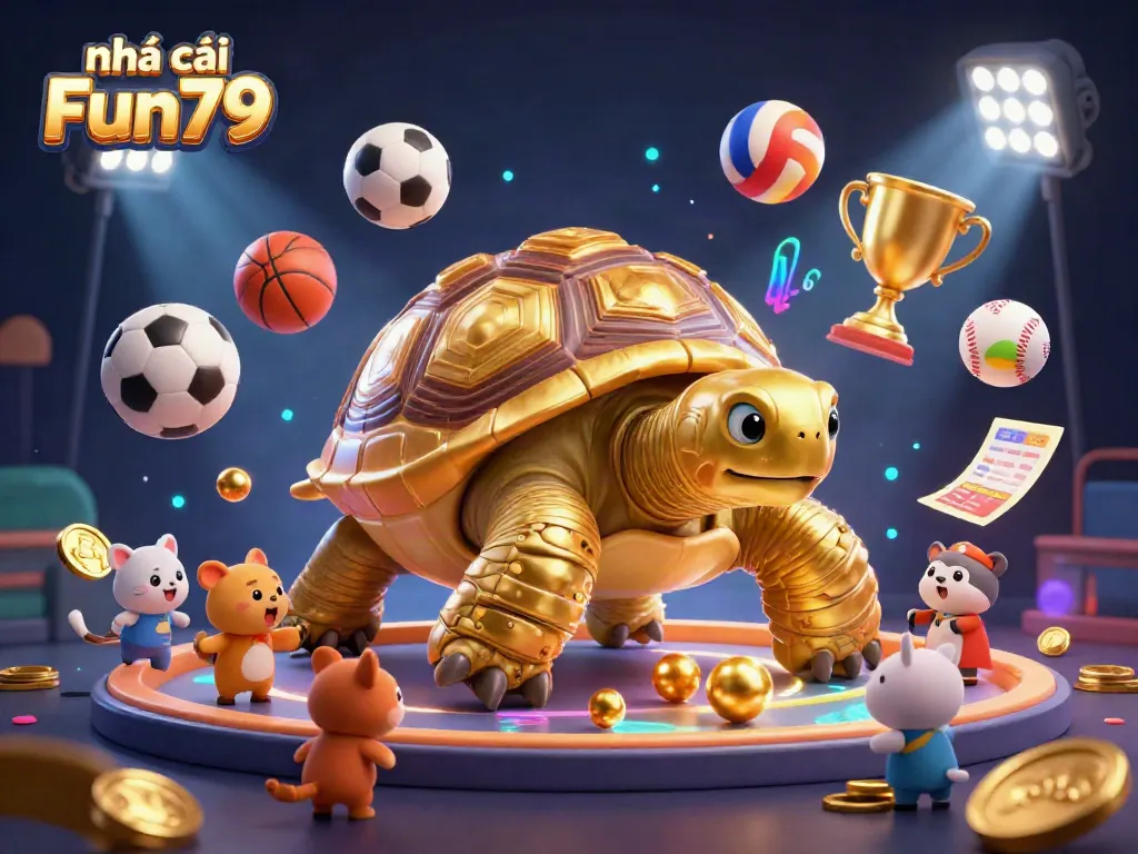 Excited players engage with the colossal golden tortoise pinball machine at nhà cái Fun79's vibrant casino scene.