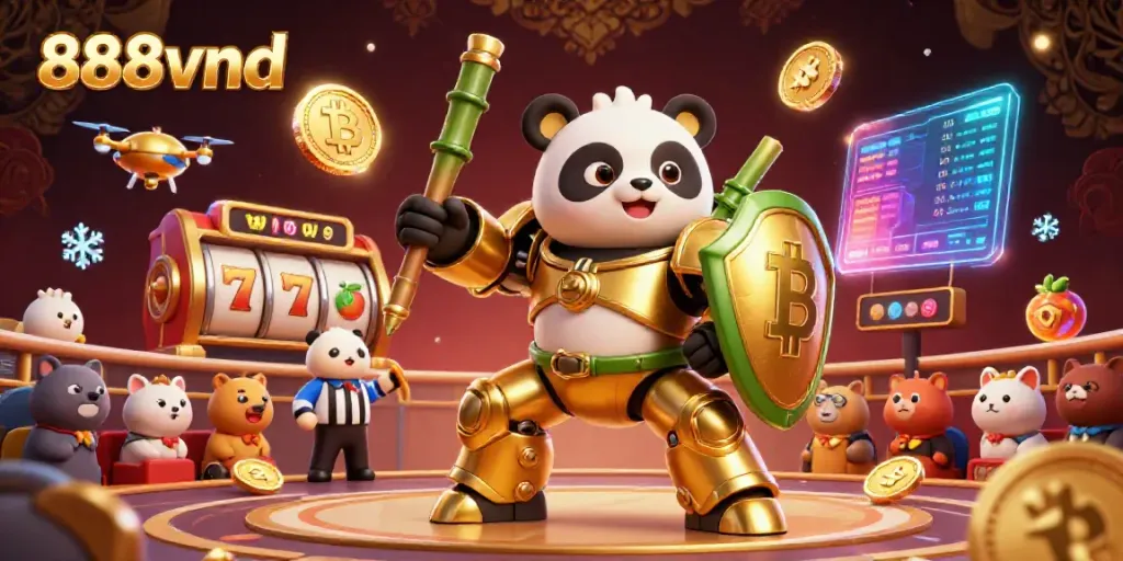 Experience thrilling gameplay at 888vnd with a panda in a mech-suit and dazzling slot symbols.