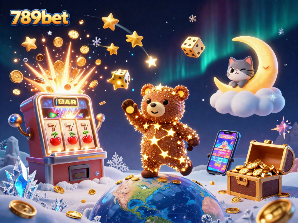 Experience the excitement of 789bet with a vibrant 3D illustration of a constellation bear and epic casino elements.