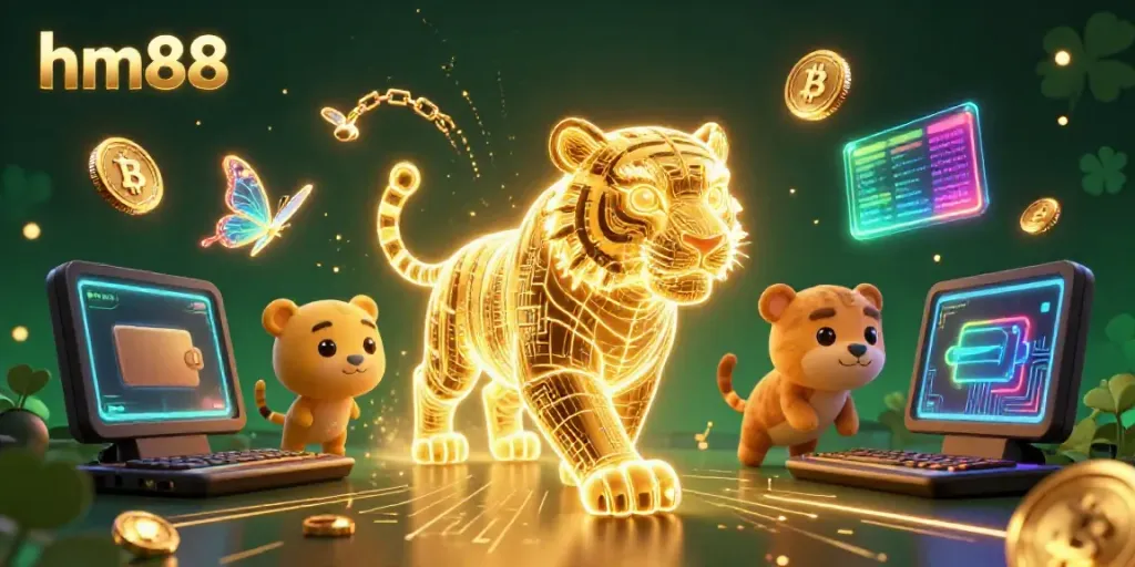 Experience the excitement of hm88's digital casino with a golden tiger and crypto coins in a vibrant scene.