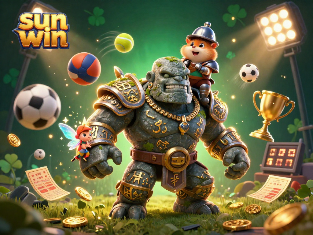 Join the action at sun win with a vibrant fantasy scene of a golem guardian and friends.