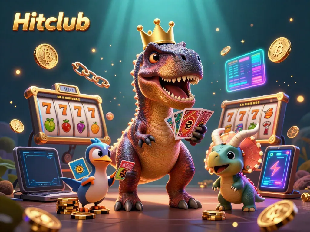 Hitclub-themed cartoon scene showcasing T-Rex and friends engaged in exciting slot gaming action.