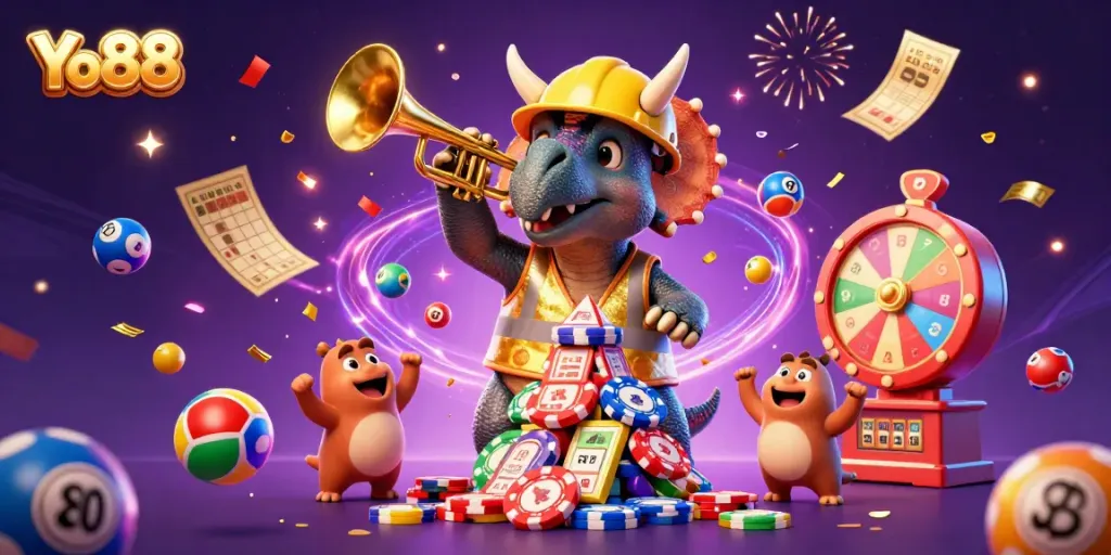 Yo88 features an exciting scene with animated characters celebrating a casino theme with vibrant colors and dynamic gaming elements.